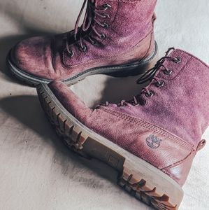 Purple Mauve Suede Timberland boots for hiking or outdoor activities